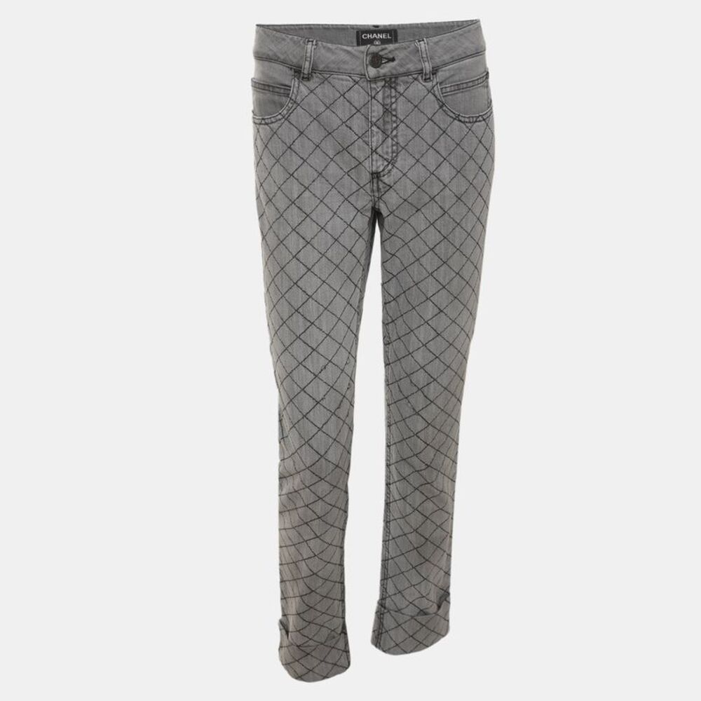 Chanel Grey Quilted Stretch Denim Skinny Jeans M